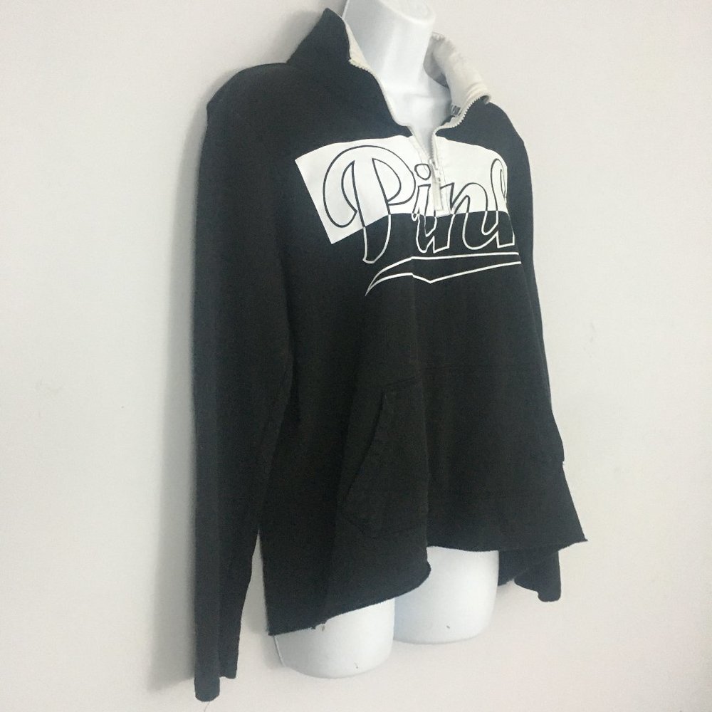 PINK Victorias Secret Womens M Black White Graphic 1/4 Zip Collared Sweatshirt - Picture 2 of 7